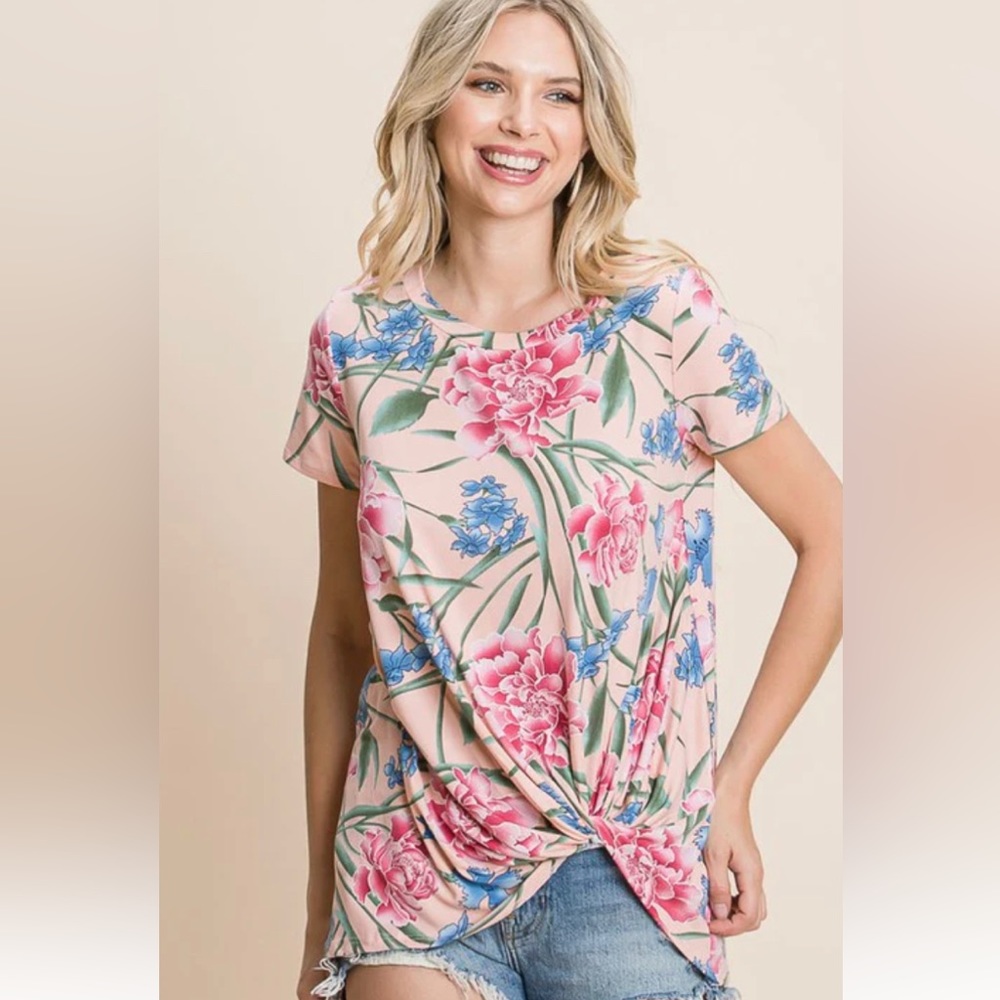 New Pink Floral Print Twist Hem Top